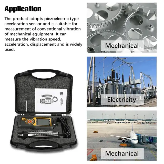 HT-1201 Digital Vibration Meter – Handheld Vibrometer For Measuring Acceleration, Speed, Displacement & Temperature (Piezoelectric Sensor)