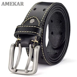 Men's Leather Double Prong Belt New Leather Belts for Men Classic Double Row Hole Belt Universal Hollowed Out Belt Jeans