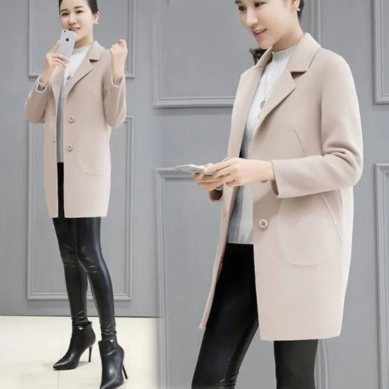 

2023 New Autumn Winter Woolen Coat Female Fashion Mid Long Suit Collar Loose Woolen Women's Jacket Slim Wool Overcoat Tops R2361