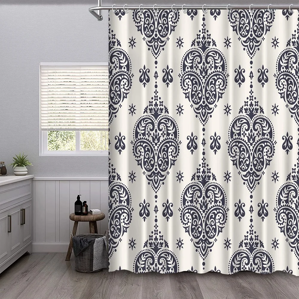 Shower Curtain, Navy Blue Floral Print Mid Century Modern Fabric
