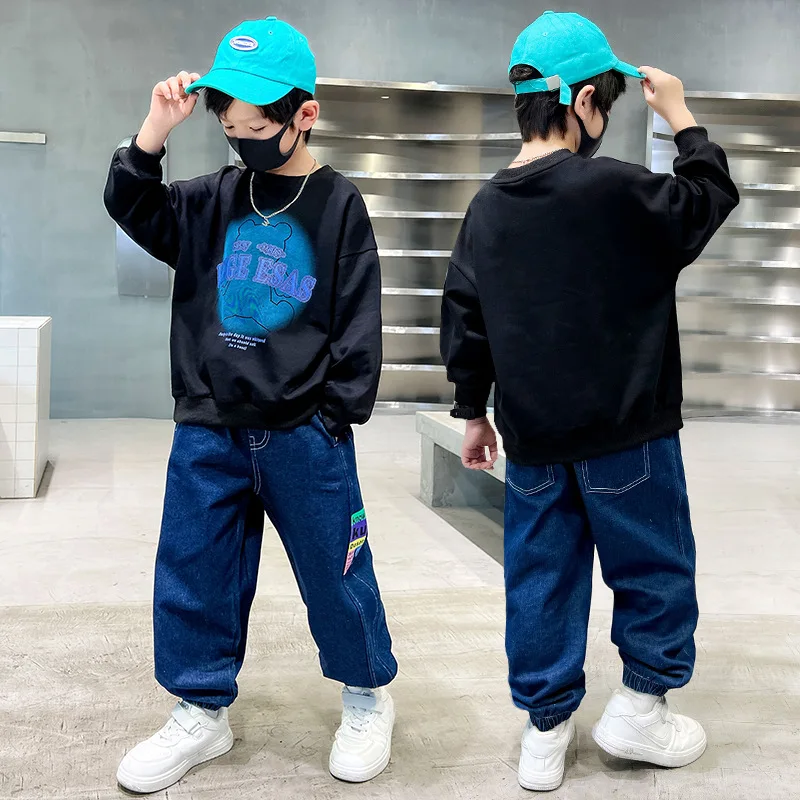 

Boys Sweatshirts +Pants 2PCS/Set 2022 Black Warm Thicken Winter Autumn Suits Sports Outfits Plus Size Children Clothing