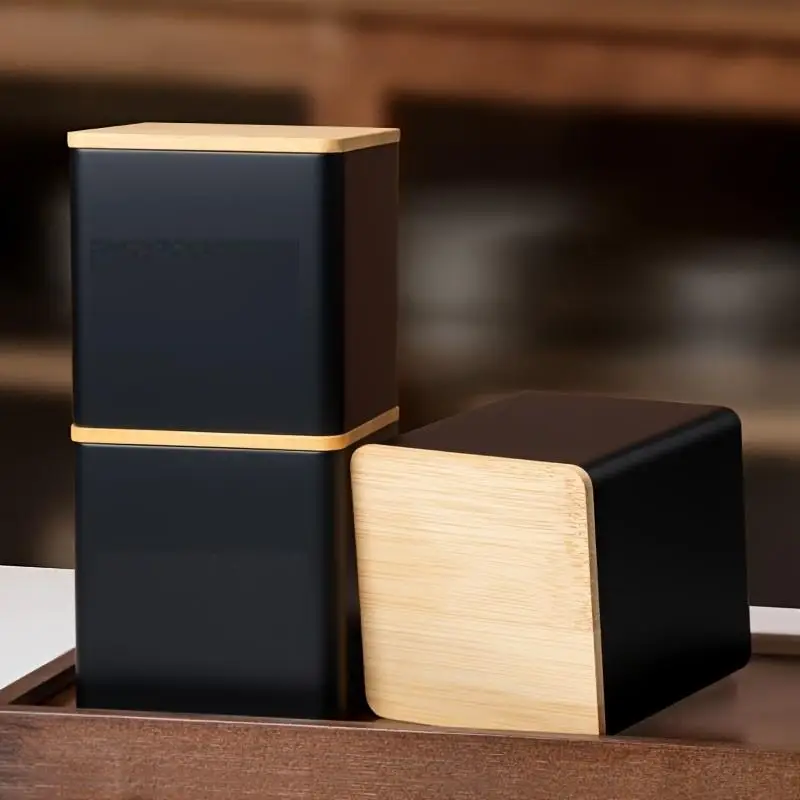 1pc Sealed Tinplate Storage Jar With Bamboo Lid Spices Tank Container Kitchen Food Bottle Coffee Tea Caddy