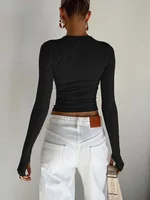 T-shirt à manches longues et col rond pour femme, haut court, coupe couvertes, trous pour les pouces, monochromatique, mode estivale, 03/Streetwear 1