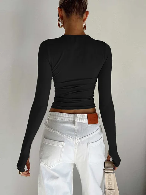 T-shirt à manches longues et col rond pour femme, haut court, coupe couvertes, trous pour les pouces, monochromatique, mode estivale, 03/Streetwear 1