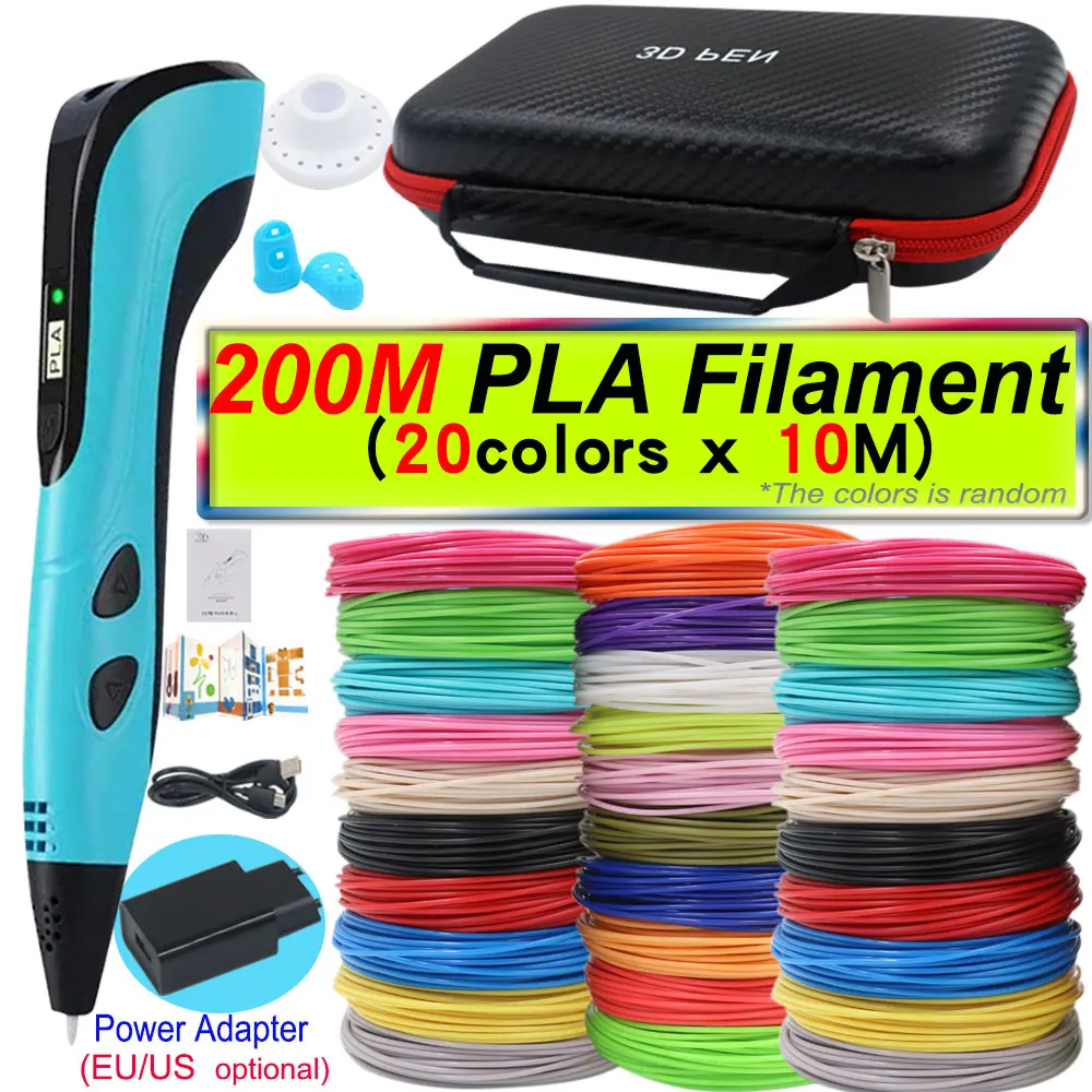 3D 인쇄 펜 전원 어댑터와 어린이를위한 3d 펜 세트 200M PLA 필라멘트 여행 케이스 어린이를위한 생일 크리스마스 DIY 선물