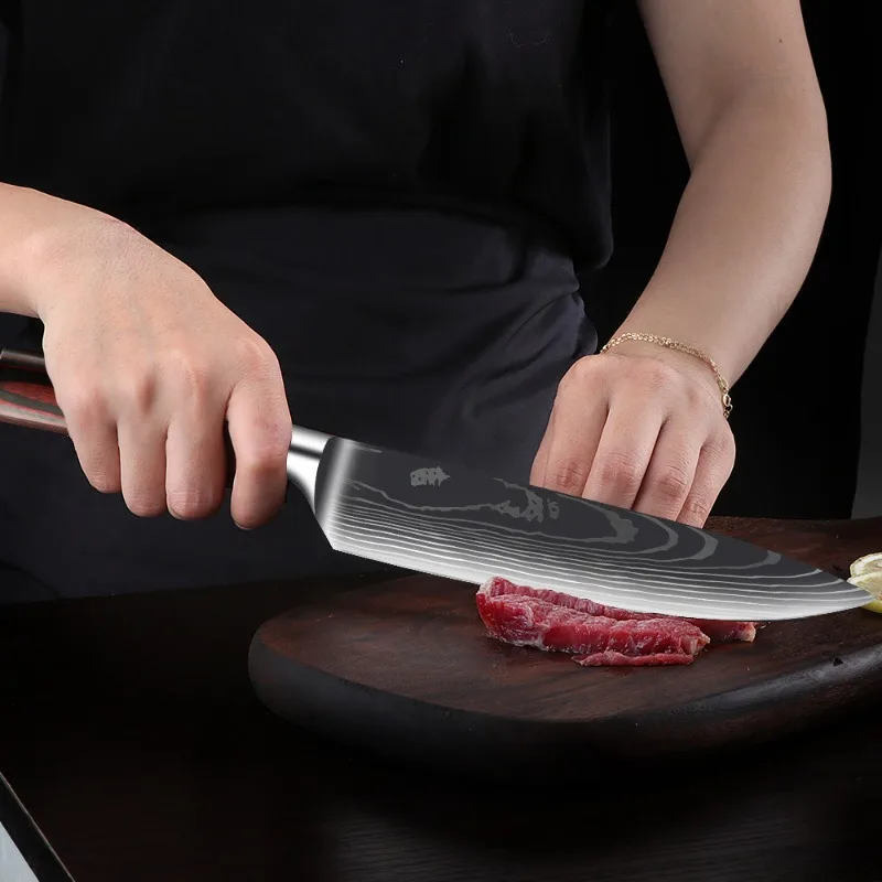 Cuchillo de cocina con patrón de Damasco láser 7CR17, utensilio de 5 pulgadas para deshuesar carne, pescado, fruta, carnicero, accesorios de cocina