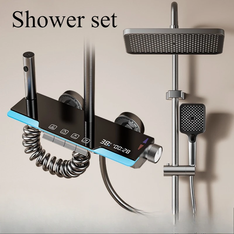 ครัวเรือนปืนสีเทาชุดฝักบัว Ambient Light ดิจิตอลจอแสดงผลชุดฝักบัวโรงแรมห้องน้ําชุดฝักบัว 3 วิธี Outlet น้ํา 1