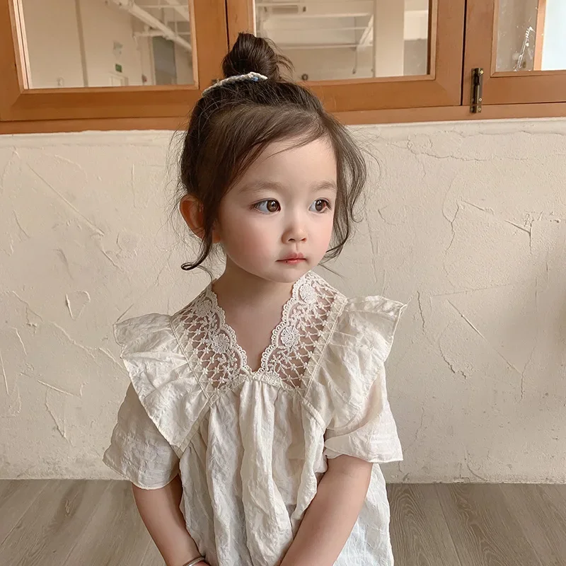 Girls Short Sleeve Summer Sweet Cute Lace Small V-neck Children Casual Solid Color Cotton Baby Shirt
