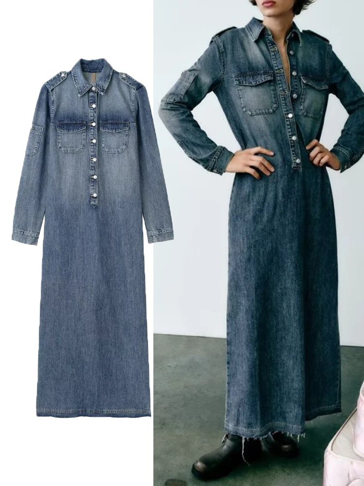 

Женское джинсовое платье средней длины, с отложным воротником