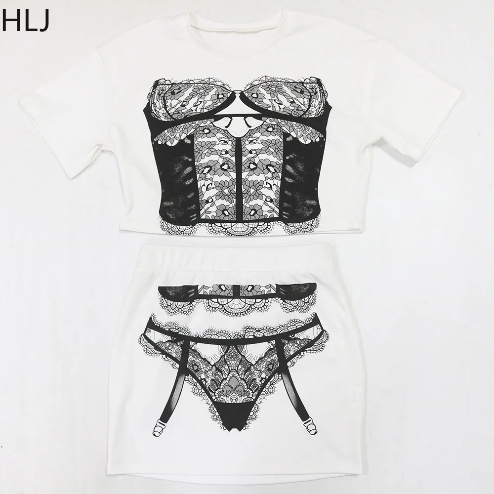 HLJ Fashion Y2K Printing Streetwear Women Round Neck Short Sleeve Crop Top And Mini Skirts Two Piece Sets Summer New 2pcs Outfit