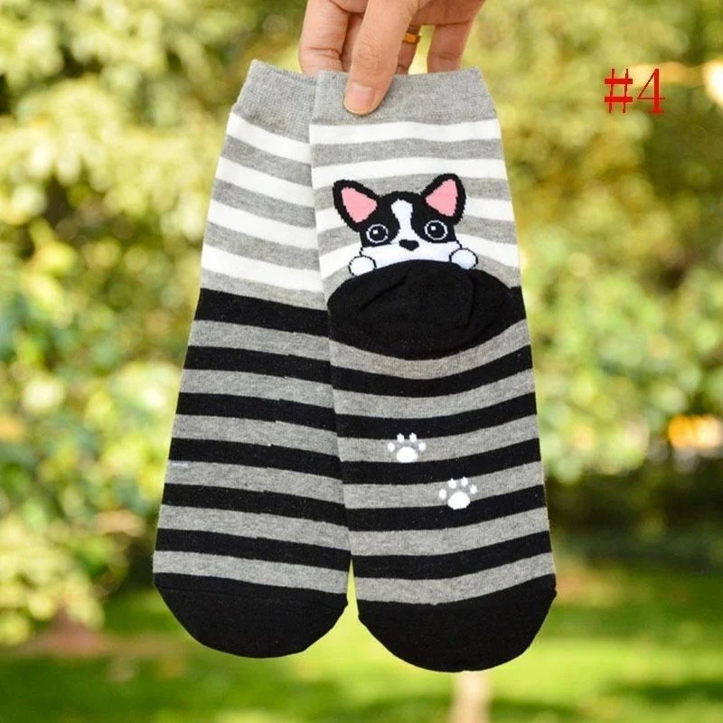 1 Pair Female 3D Animal Dogs Footprints Socks Women Cotton Floor Length Casual Striped Cartoon Socks