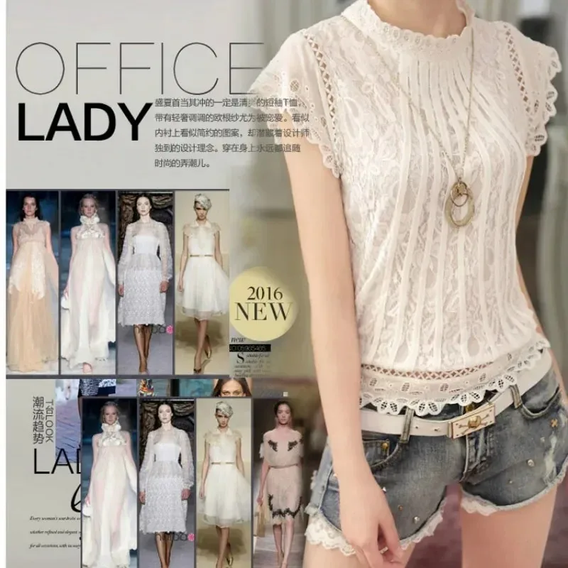 Women's Lace Blouse Short Petal Sleeve O-neck Casual Shirt White Tops Elegant Solid Summer Fashion2025 New 01C 35