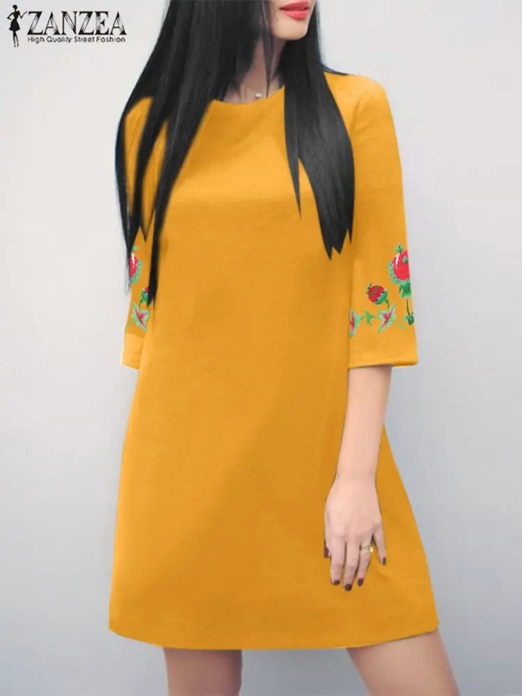 

ZANZEA Round Neck Mini Dresses 2023 Autumn Women Half Sleeve Floral Print Dress Soild Casual Simple Short Robe Holiday Vestidos
