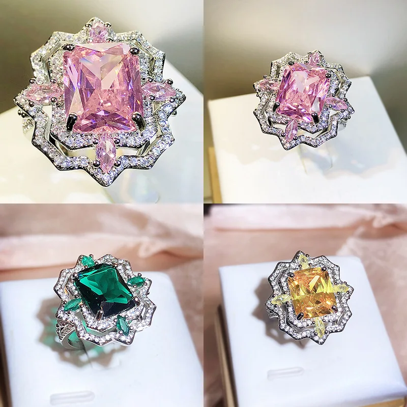 

New High Carbon Diamond Colorful ICE Flower Cut Open Ring For Women 925 Stamp Celebrity Fashion Party Birthday Gift