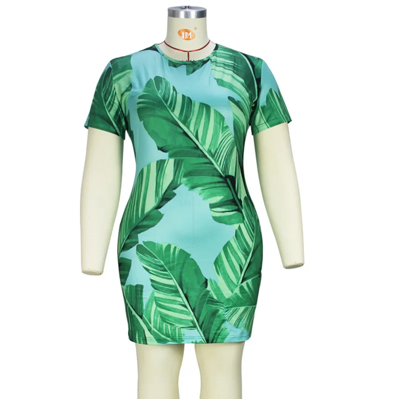 Ladies Sexy Fashion Round Neck Green Leaf Printing Short Sleeve Summer Vacation Slim Bag Hip Plus Size Mini Dress for Women