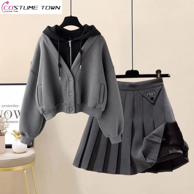Autumn and Winter Suit Women's 2023 New Korean Version Slim Fake Two Piece Coat Reduced Age Pleated Skirt Two Piece Set fake two pieces down cotton jacket for women in 2023 winter new korean version loose and slimming hooded women s cotton coat