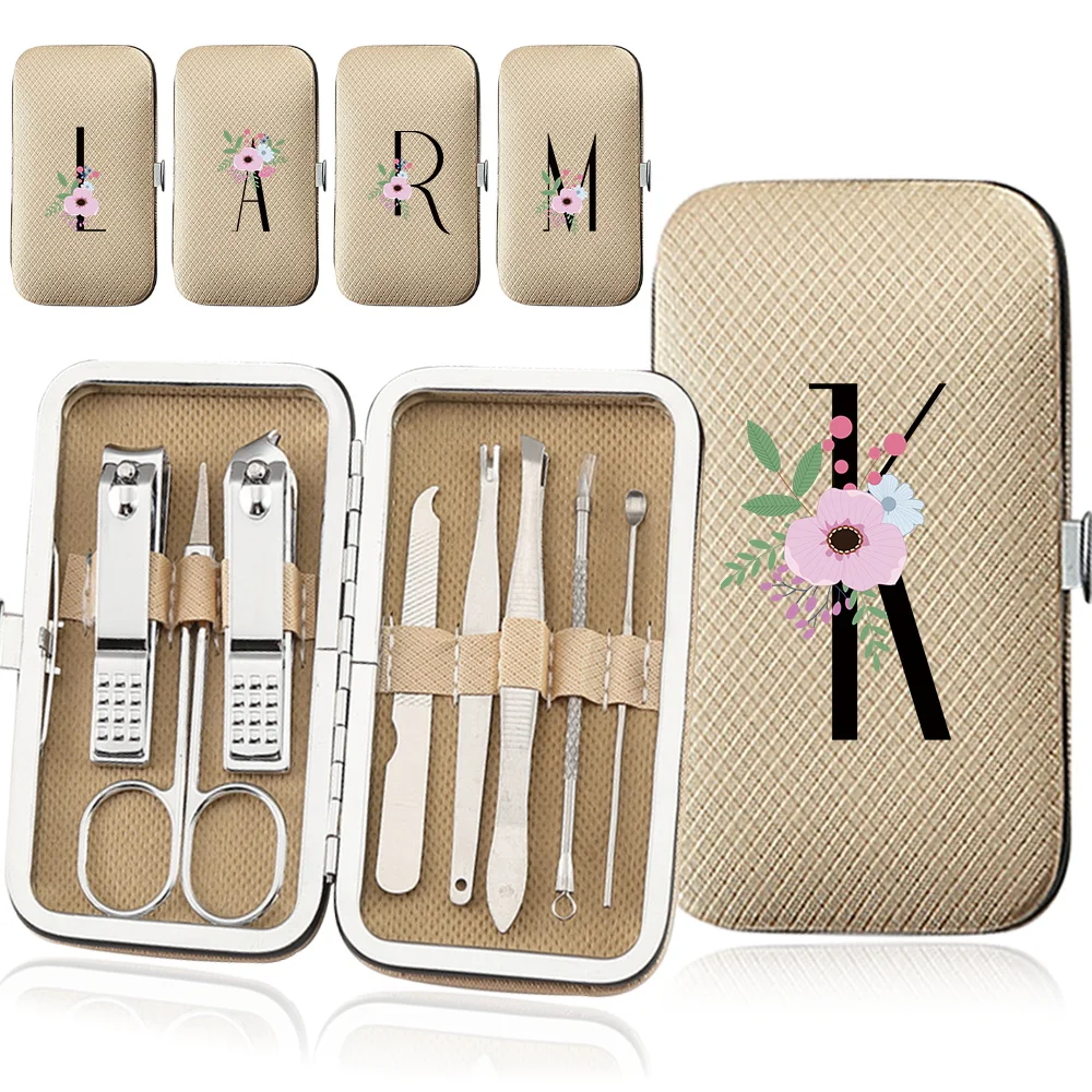8Pcs Travel Manicure Set Portable Stainless Steel Nail Clippers Pedicure Care Tool Kit Organizer Flower And Black Letter Pattern