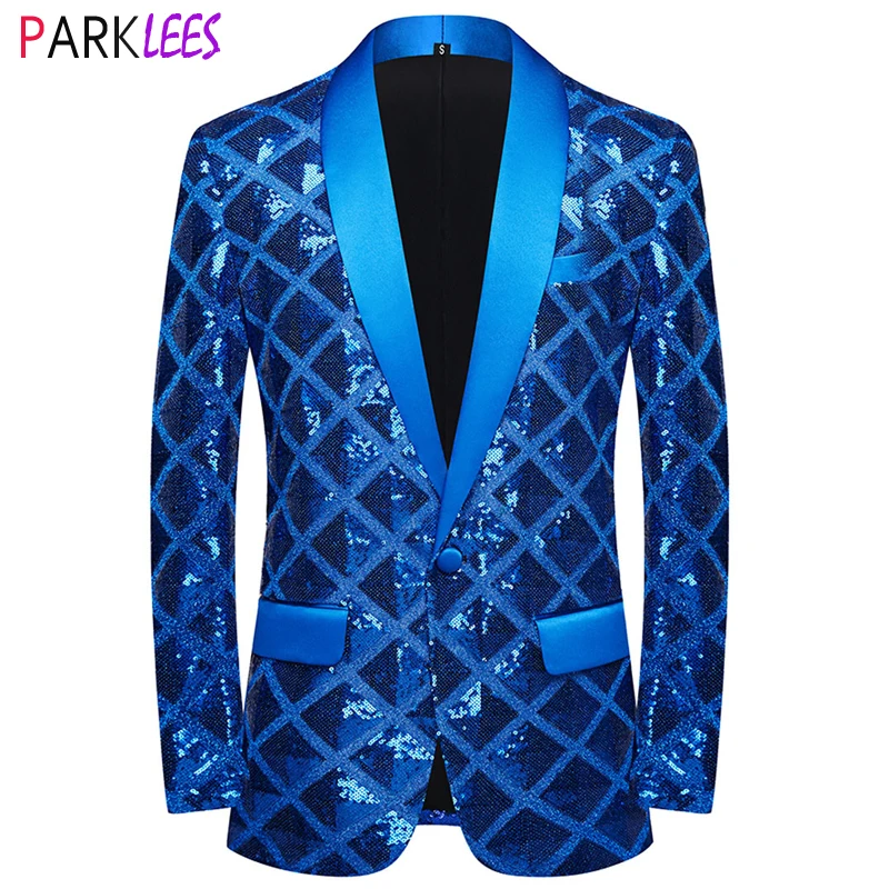 

Mens Royal Blue Square Sequin Giltter Blazer Jacket Shawl Lapel One Button Shiny Blazers Party Wedding Prom Stage Singer Costume