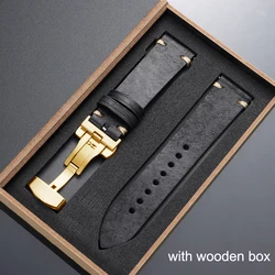 Elegant Top - Grain Leather Watch Band with Butterfly Buckle and Gift Box - 22mm (Black - Gold)