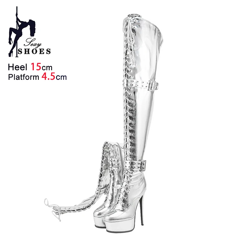Silvery Thigh High Boots Sexy Over-the-knee Boots For Pole Dance Belt Buckle Fashion Women Shoes 15CM Stiletto Heels Botas Mujer
