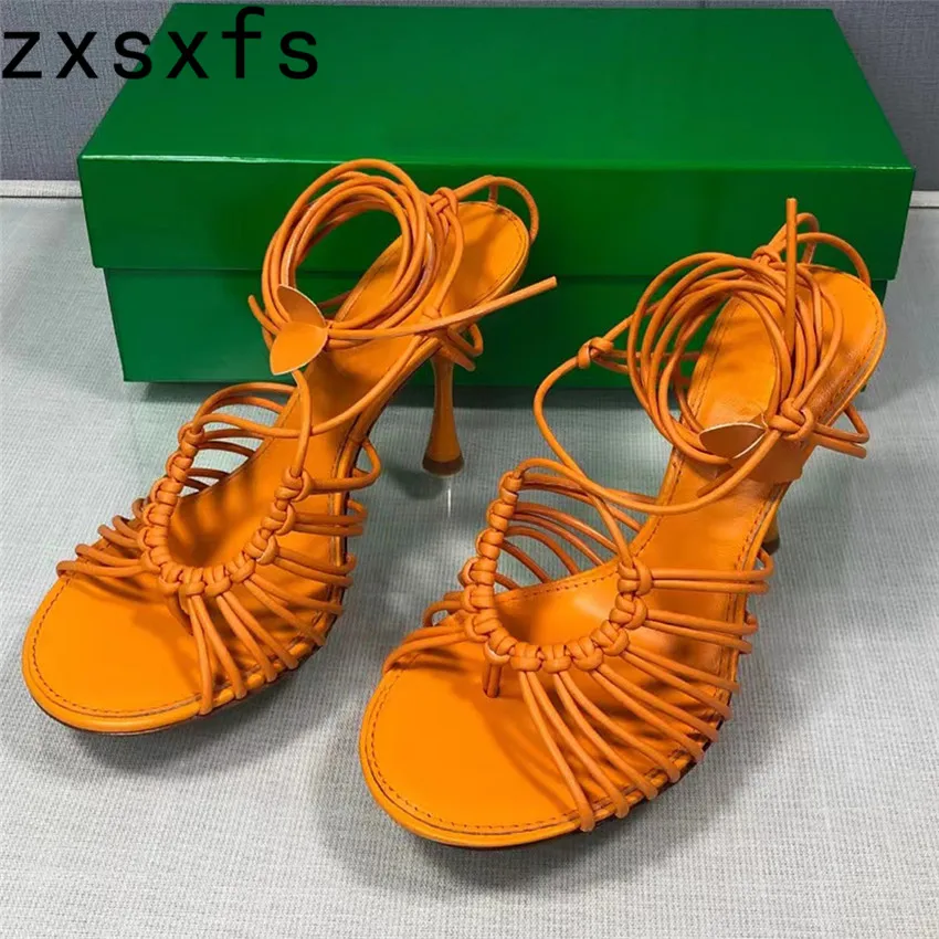 

Leather Strap Braided Gladiator Sandals Women Ankle Cross Tied Thin High Heels Summer Ladies Round Toe Sandalias Mujer 2022