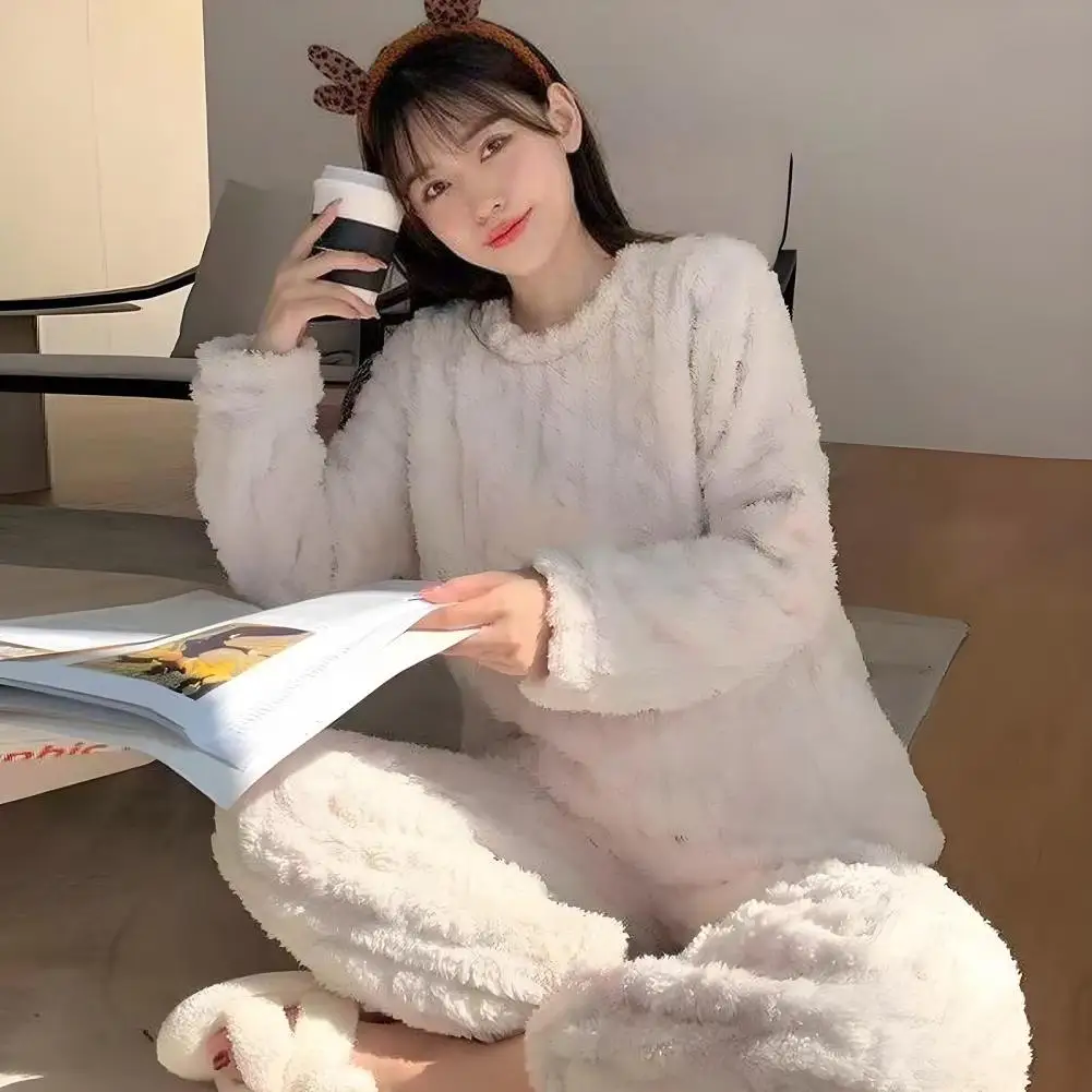 Couple Autumn Women Solid Warm 2 Piece Sets Thicken Velvet Ribbed Fleece Set Pullover And Pants Women Casual Pajama Sets