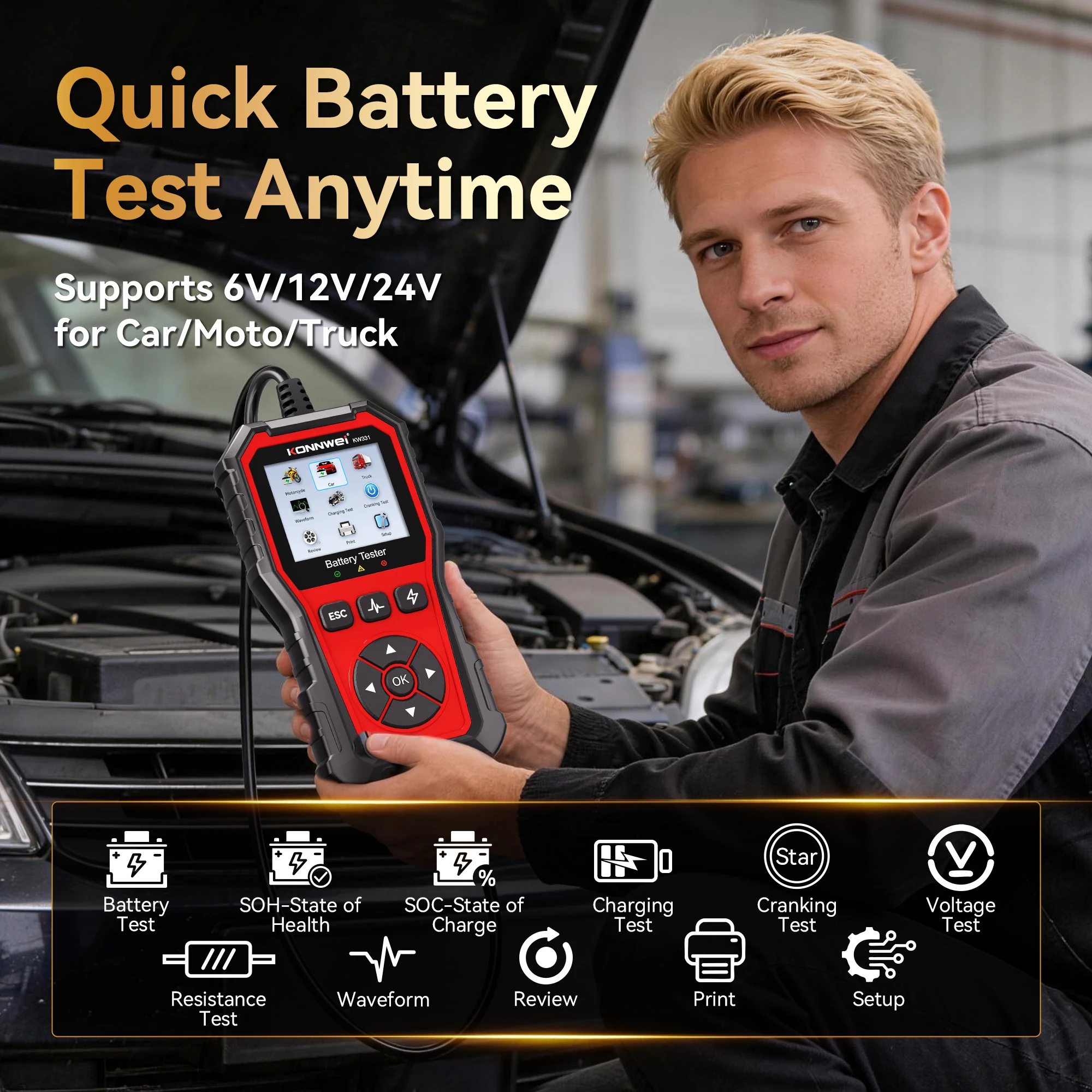 KONNWEI Car Battery Tester KW331, 6V 12V 24V 100–2000 CCA Cranking Charging System Analyzer Tool for Cars Motor Trucks and DIY Users 2026 - Image 2