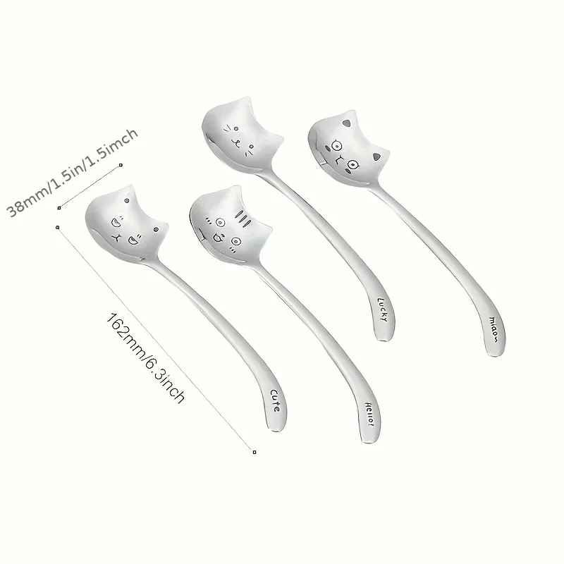 Cute Cat-Shaped Stainless Steel Spoon Long Handle Animal Print Perfect for Birthday Gift Kitchen,Dining & Bar Teaspoons