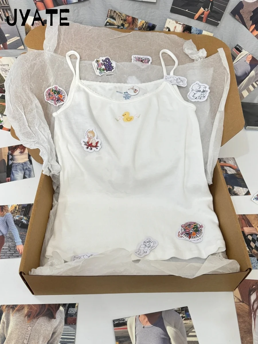 여성용 작은 오리 자수 할로우 아웃 탱크 탑, 코튼 패션, 페어리콘 스타일 크롭탑, 귀엽고 시크한 카미스 Y2K, 여름 신상