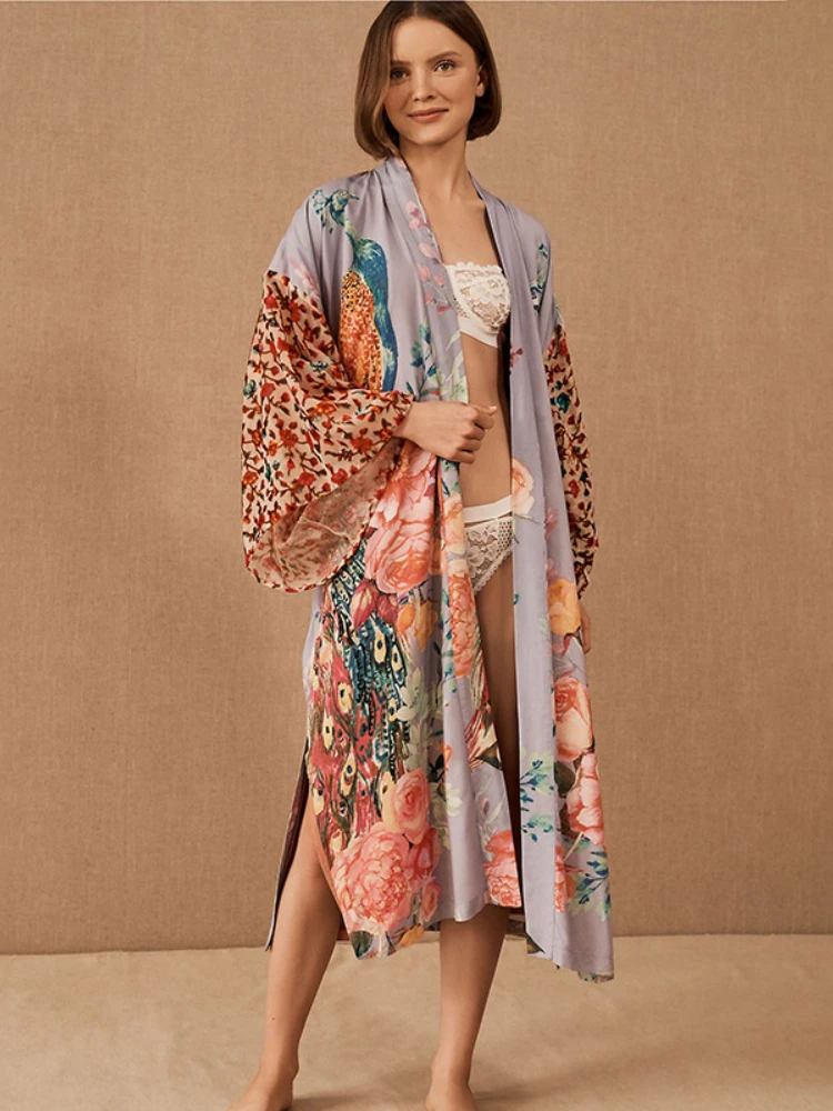 Beach Kimono for Women Peocock Printed Swimsuit Cover Up Self Belted Wrap Dresses Seaside Bathing Suits Beachwear swimsuit cover up swimsuit coverup fishnet cover up