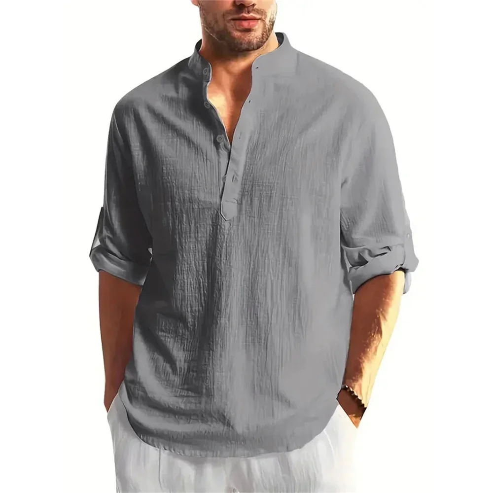 خريف جديد الرجال القطن الكتان كم طويل تي شيرت بلون...