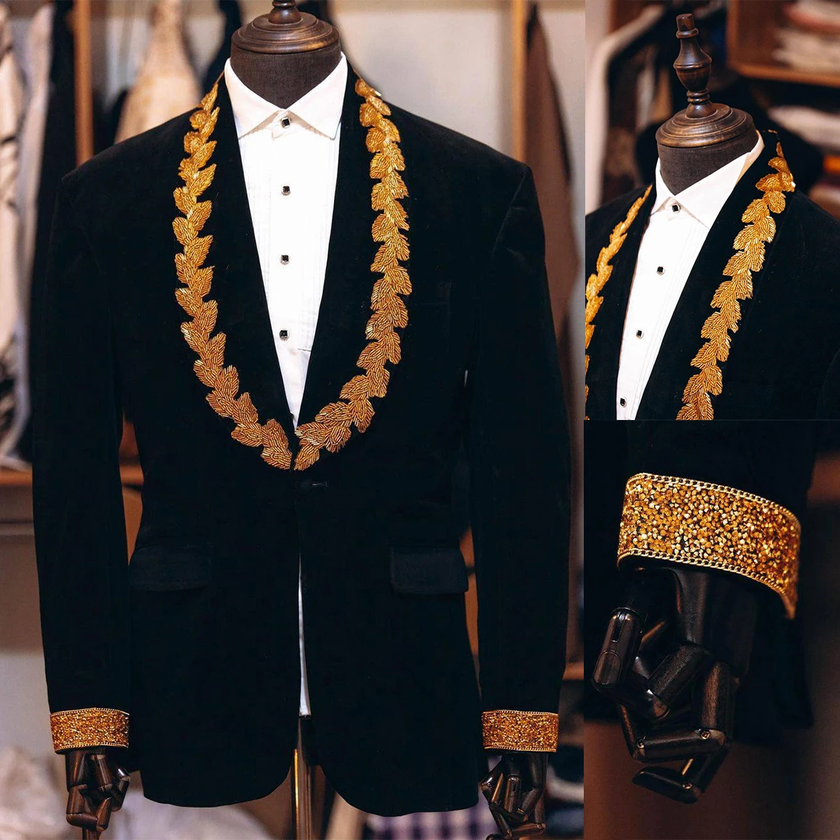 Black Velvet Men Suits Tailor-Made One Piece Blazer One Button Gold Leaves Appliques Tuxedo Business Wedding Plus Size Tailored