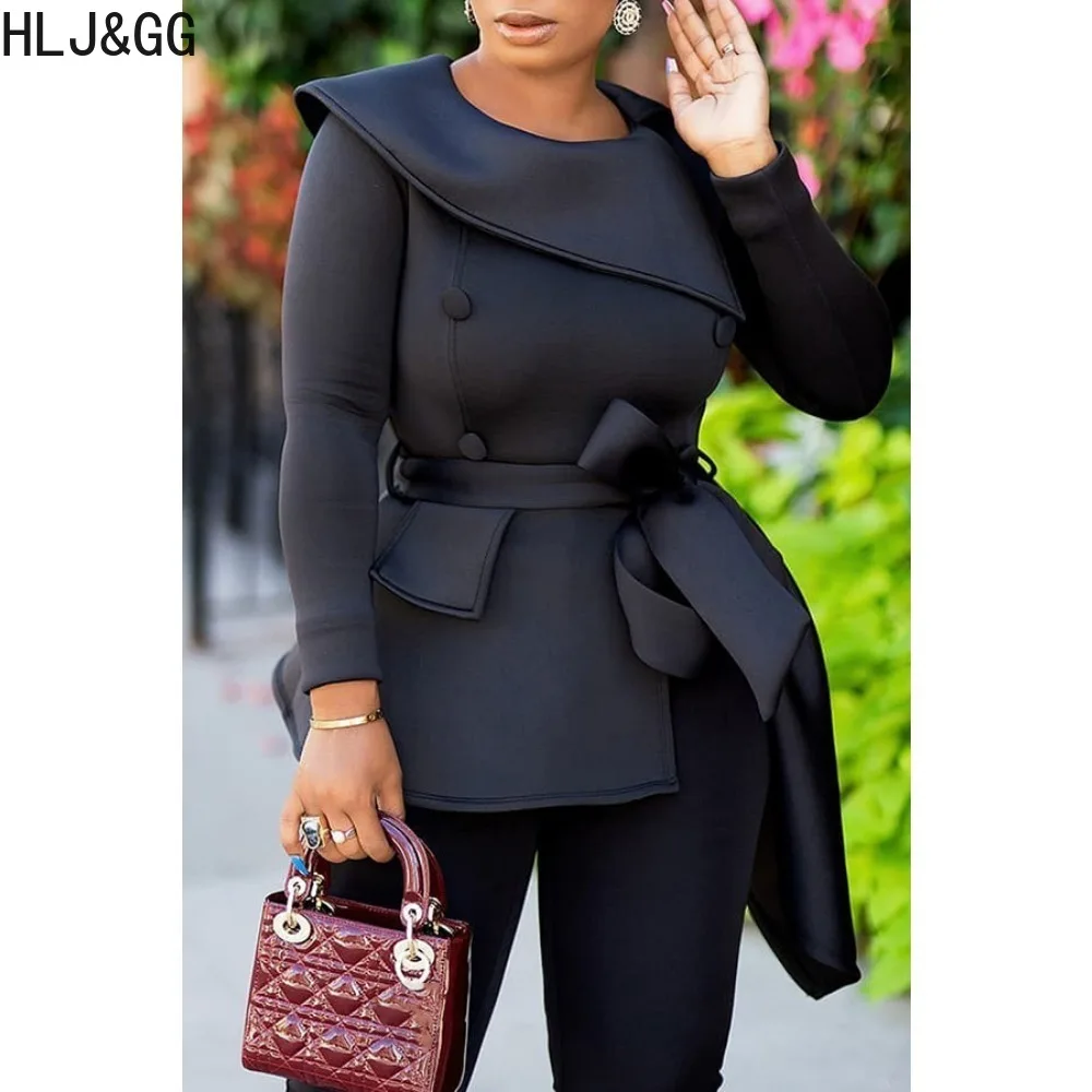 HLJ&GG Black Elegant Lady Ruffle Design Two Piece Sets Women Lapel Lace Up Top + Skinny Pants Outfits Casual Solid 2pcs Clothing