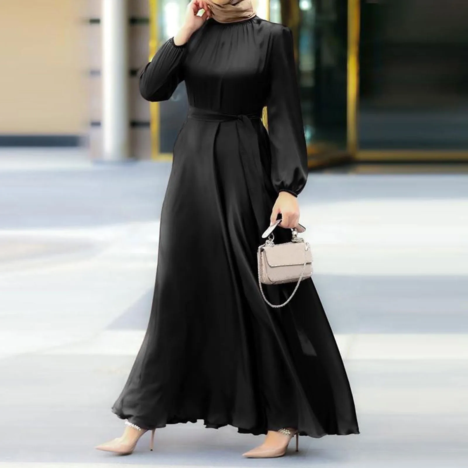 

Ladies Solid Color Casual Muslim Dresses Round Neck Lantern Long Sleeved Tie Waist Slimming Fashion Elegant Robe Loose Dress