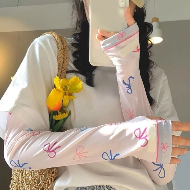 Women Bowknot Print Arm Sleeves Summer Sun Protection Outdoor Cooling Sleeve for Cycling Fishing Driving Riding Outdoor Activity