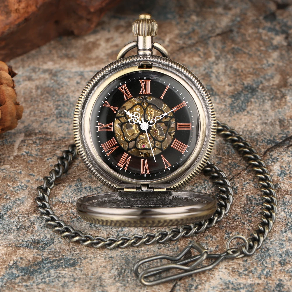 

Rose Gold Roman Numerals Transparent Glass Design Mechanical Hand Winding Men's Pocket Watch Vintage Stylish Wedding Gifts Male