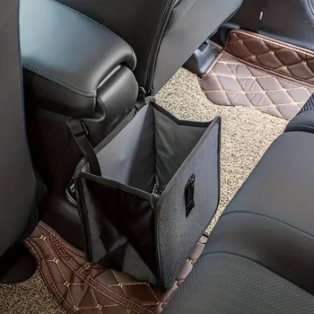 1pc Durable polyester fiber car trash can - Multi-functional folding hanging storage bag, zipper compartment, practical design