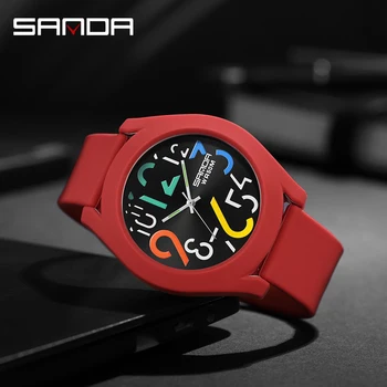 Sanda 남성용 실리콘 스트랩 방수 시계, 크리에이티브 심플 여아용 시계 2023, 레드 캐주얼 쿼츠 시계 9021, 새로운 패션