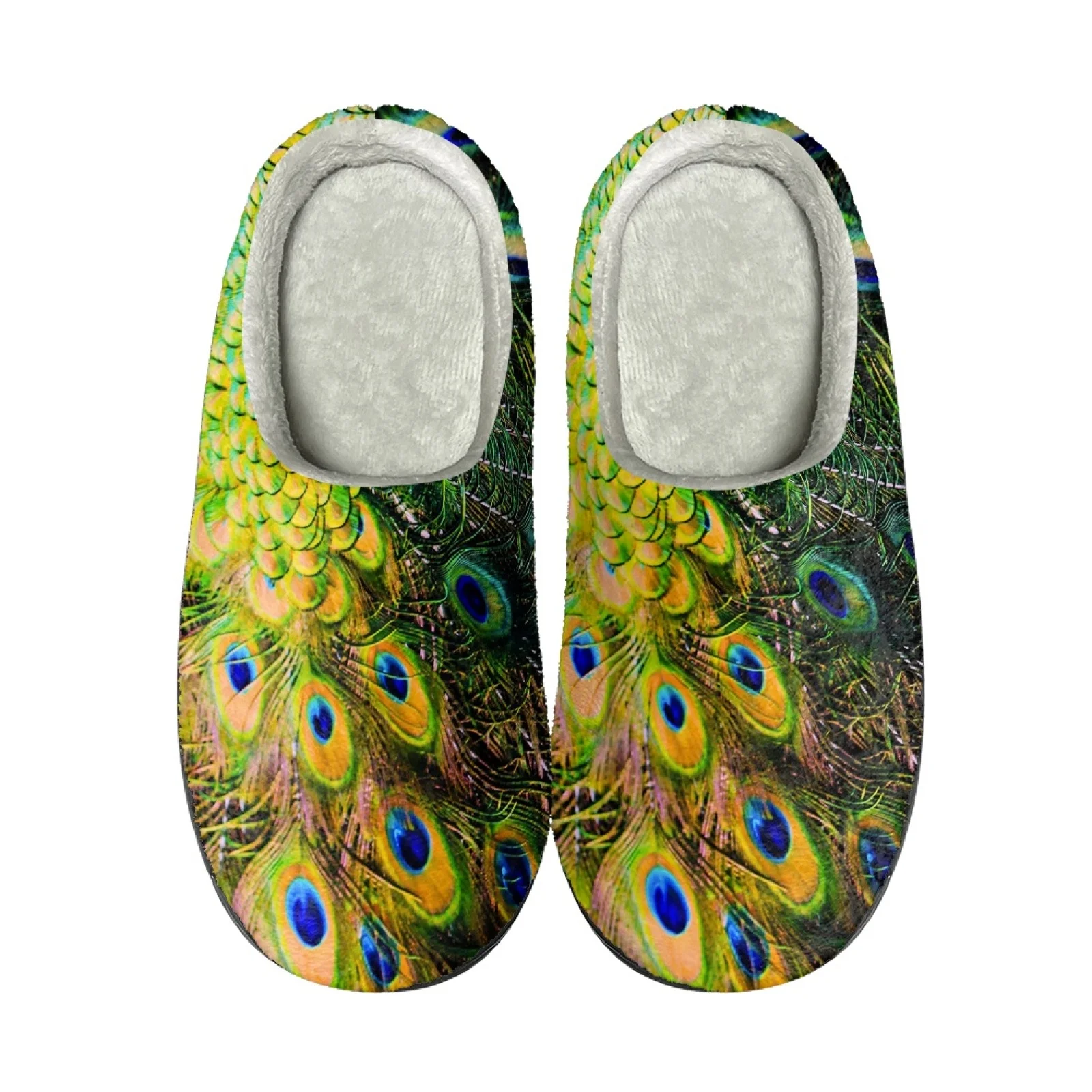 

Funny Peacock Feather Print Half Shoes For Women Mules Indoor Slippers Warm Cotton Slipper Mule Masculino Flannel Slides for Men