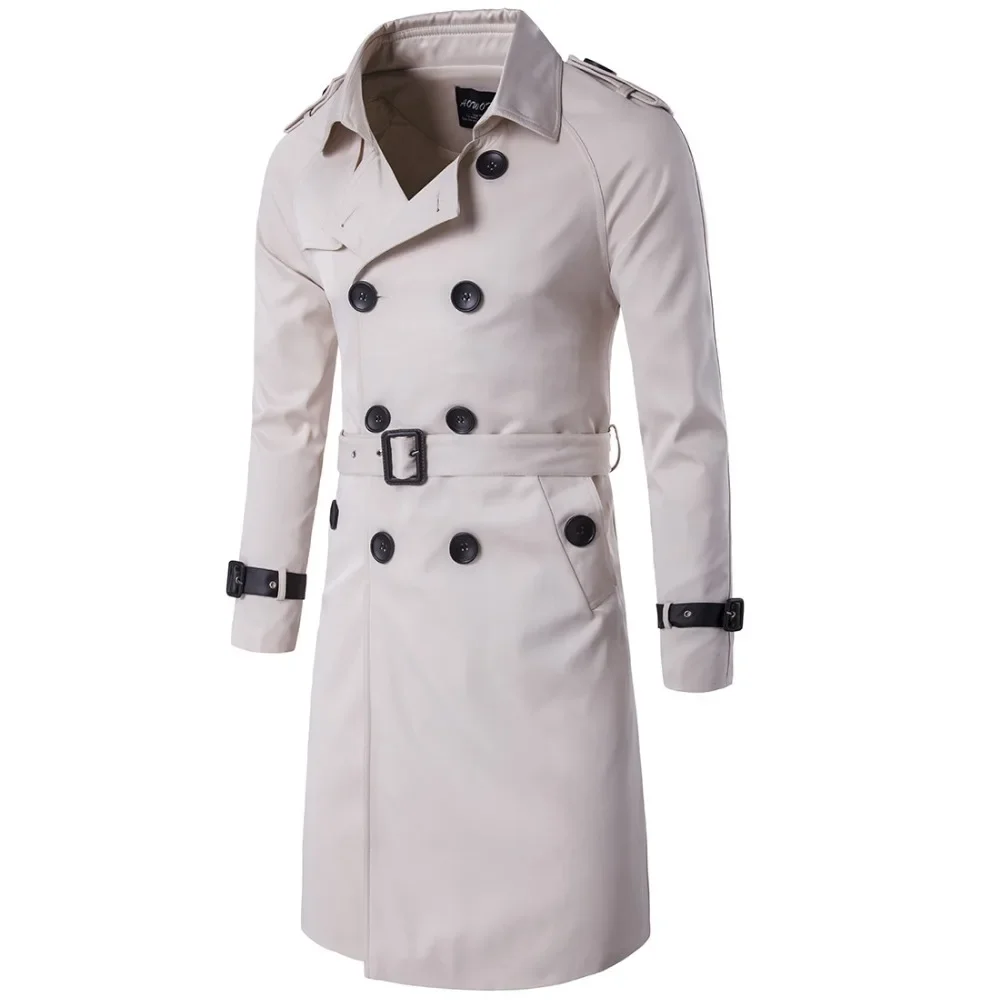 Schinteon Men Trenchcoat British Style Classic Trench Coat Jacket Double Breasted Long Slim Outwear Adjustable Leather Belt