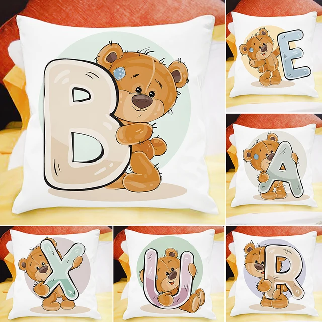 45x45cm 26 English Alphabet A-Z Print Cushion Cover Home Cartoon Bear Sofa Children Room Decor Cute Animal Pillowcase