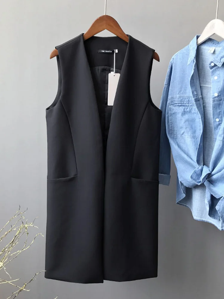 

Korean Fashion V-neck Solid Color Loose Sleeveless Long Jacket Women Fashion Pocket Suit Vest 2023 Summer Tide Top Y789