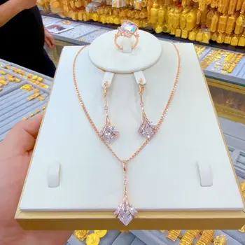 New French 24K Gold Plated Necklace, Earrings, Rings, Wedding Party Jewelry Set as a Holiday Gift for Women