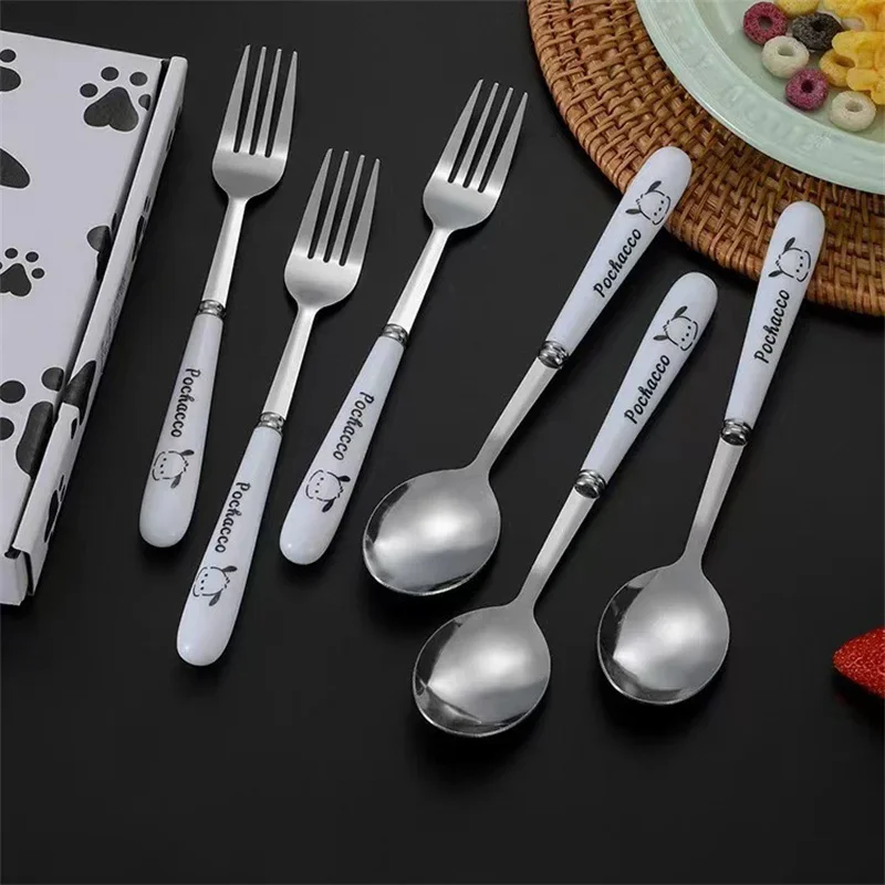 

6pcs Kawaii Sanrio Tableware Cartoon Pochacco Print Stainless Steel Spoon Gift Box Set Household Spoon Fork Dessert Spoon Gift