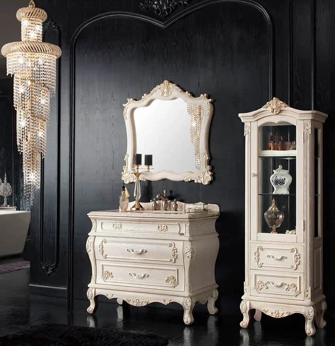~Solid wood European style bathroom cabinet double basin antique bathroom cabinet oak floor combination washbasin floor
