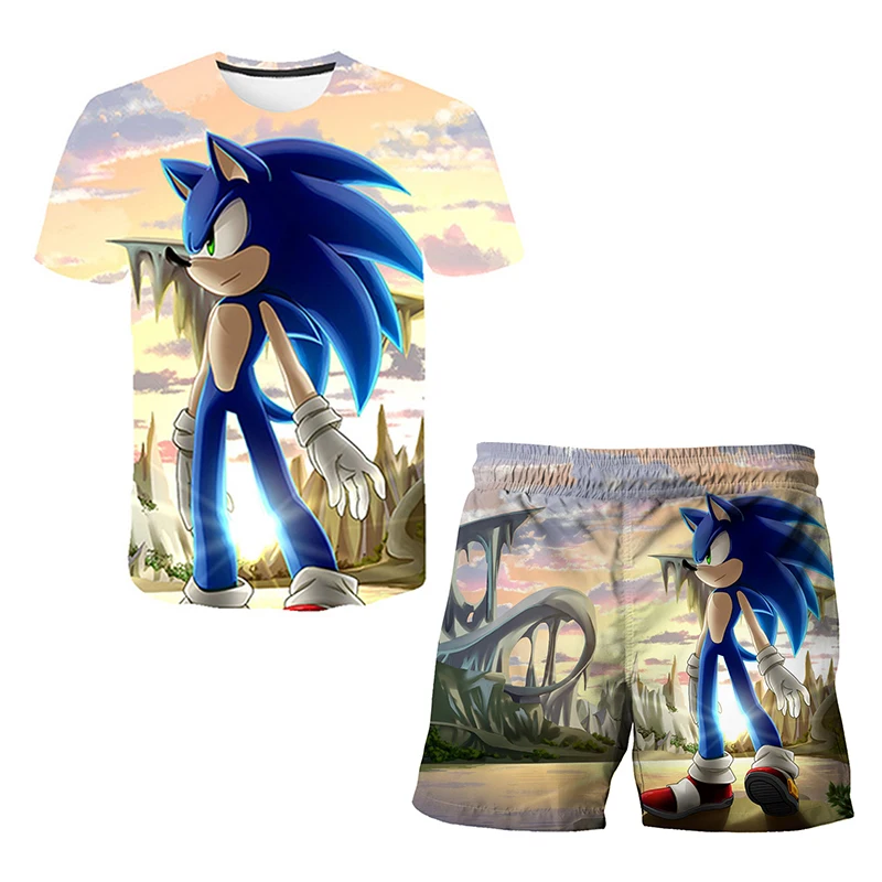 Nueva camiseta de dibujos animados japoneses de Sonic, camiseta para niños, camiseta y pantalones cortos, conjunto de dos piezas, camiseta linda de dibujos animados de verano para niños + pantalones d
