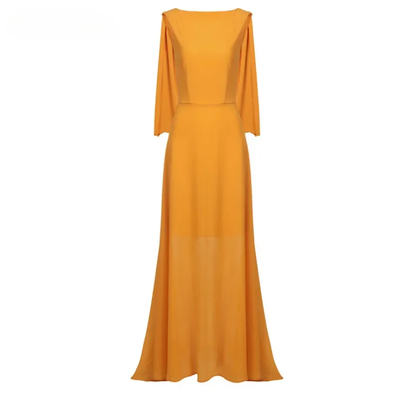 

French Style Ladies Distinctive Long-Sleeved Solid Color Chiffon Slim-Fit Long Trailing dress Gown