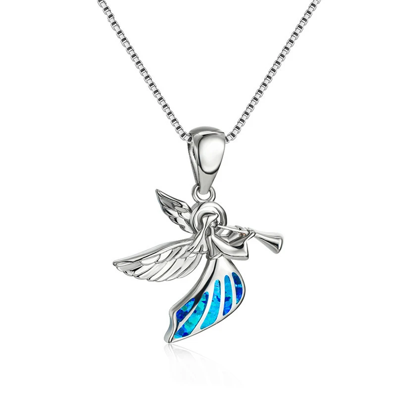 

2023 Cute Women Elves Angel Pendant Necklace Anniversary Party Girl Gift Fashion Imitation Blue Fire Opal Necklace for Women