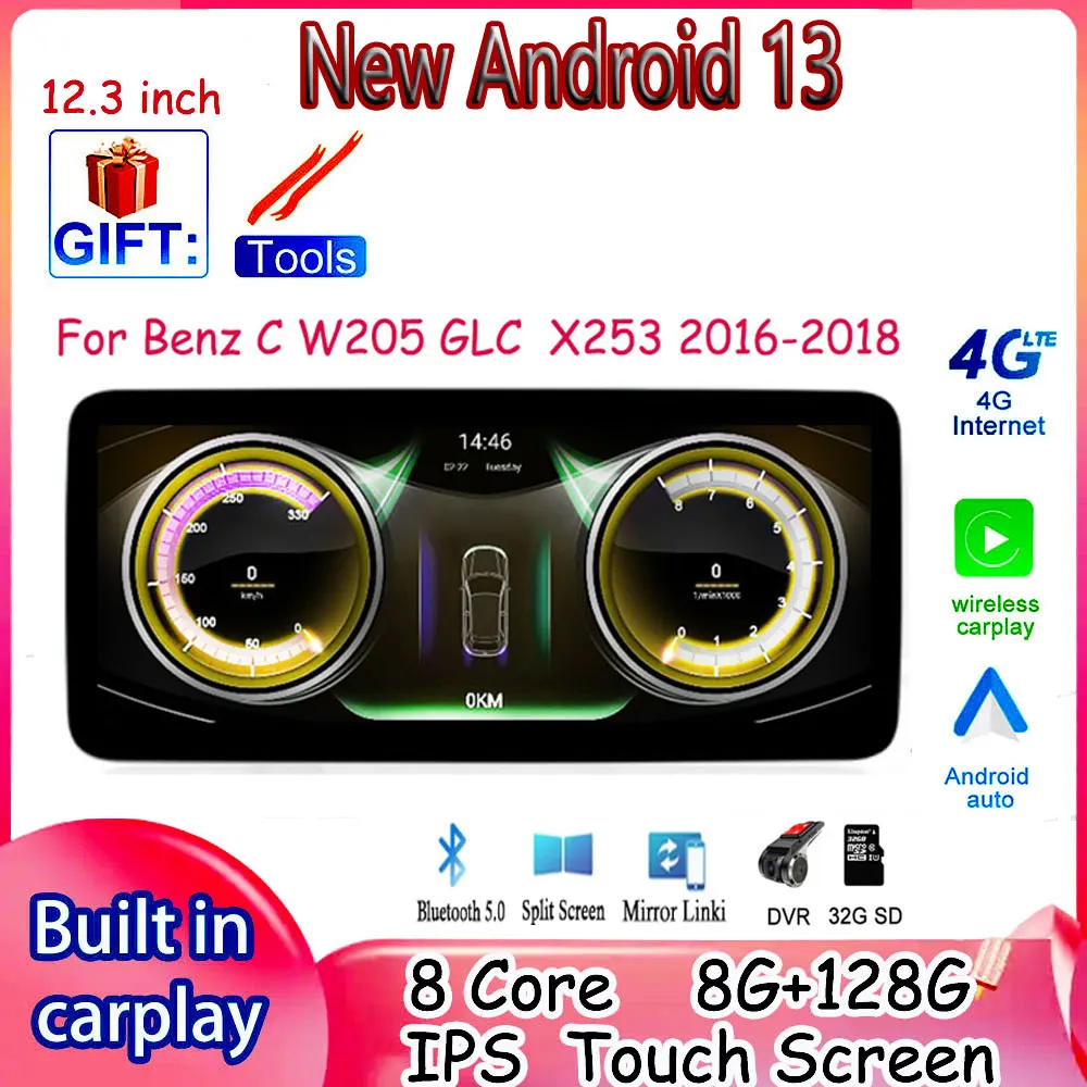 

12.3" For Mercedes Benz C-Class W205 / GLC-Class X253 / V-Class W446 2016 -2018 Android 13 Car Radio GPS Navigation Video Stereo