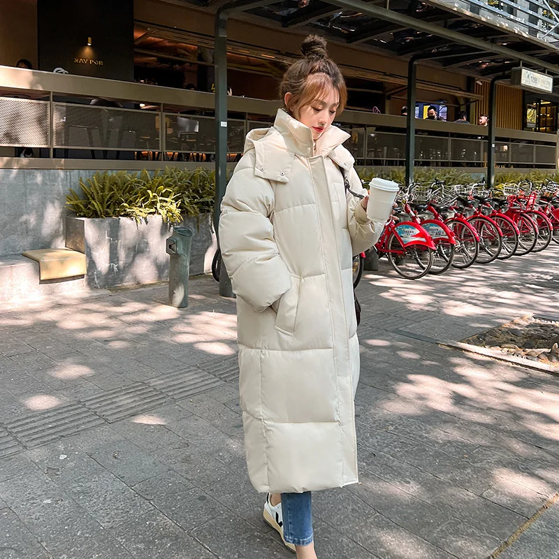 

Parkas Coat Women Long Down Jacket Warm X-Long Parka Sleeve Loose Woman Down Jacket Hooded Cotton Coats Students Solid Snow Wear